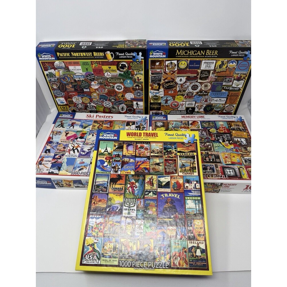 White Mountain 1000 Piece Puzzle Lot (5) Travel, Beer, Ads, Ski -100% COMPLETE!